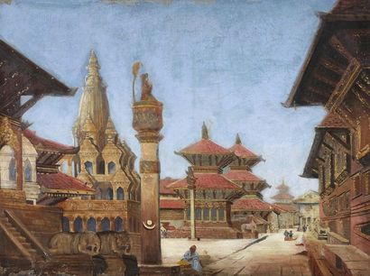 null Ecole des peintres voyageurs. Durbar Square. Ville de Patan. Huile sur toile...
