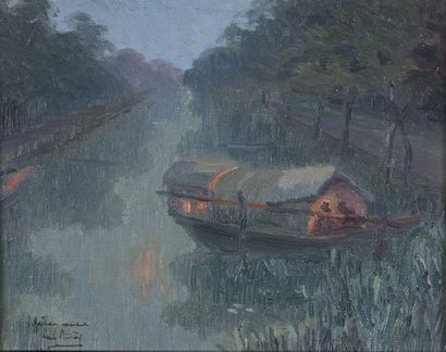 null Louis RIVIERE (XIXe-XXe). Paire d'huiles sur carton encadrée.
- Canal avec sampan...