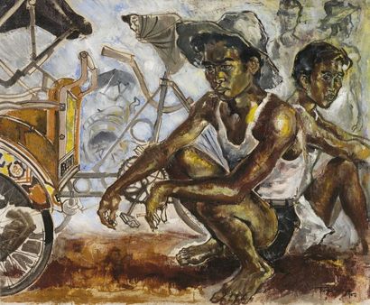 null Sambodja (Tio Kiem Hieu) (1934). Betjaks drivers. Djakarta (conducteur de Betjak...