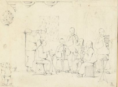 null Auguste BORGET (1808-1877). Musiciens chinois. Dessin au crayon sur papier monogrammé...