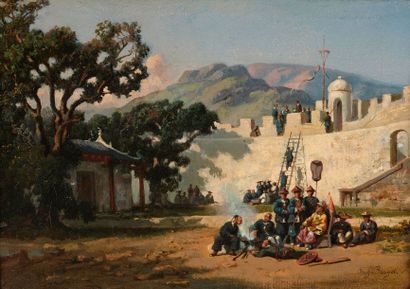 null Auguste BORGET (1809-1877). Scène de garnison en Chine. Huile sur toile encadrée...
