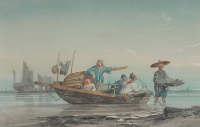 null Auguste BORGET (1809-1877). La famille de pêcheurs. Aquarelle et mine de plomb...
