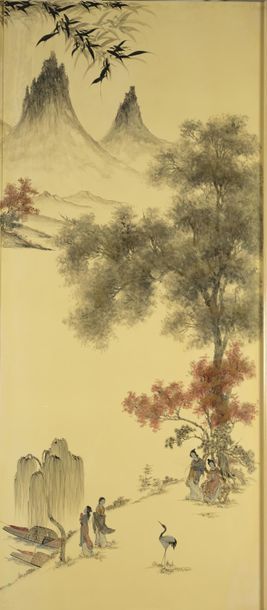 null Paysage du Yunnan. Triptyque de panneaux de laque polychromes à fond jaune....