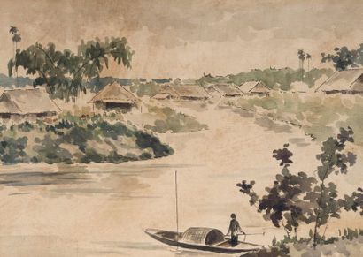 null NGUYEN LE TRUNG (XXème siècle). Vers 1950. Sampan sur le Mékong. Peinture sur...