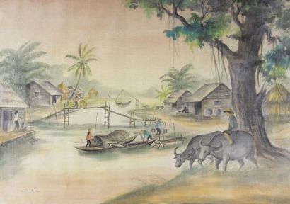 null TIEN NIEN. (XXème siècle). Scène de village avec buffle. Peinture sur soie encadrée,...
