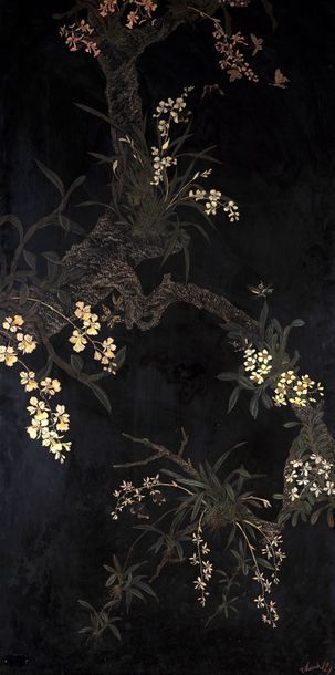 null Maison Thanh Lê (1919-2003). Les orchidées. Grande laque à fond noir en coromandel...