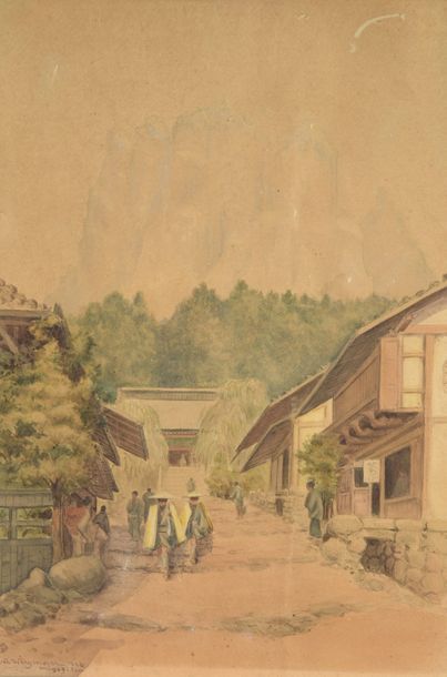 null C. A WIRGMAN (1864-1922). La route de Miyogisan (Japon). Aquarelle encadrée,...
