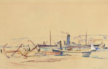 null Louis RIOU (1893-1958). Le port d'Alger. Aquarelle et gouache encadrée signée...