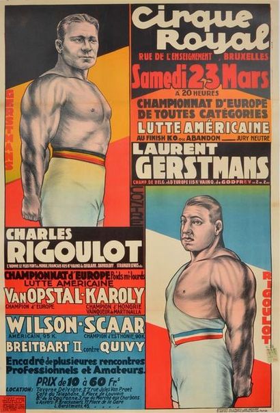 null Affiche du Cirque Royale avec le combat de lutte américaine entre le belge Gerstmans...