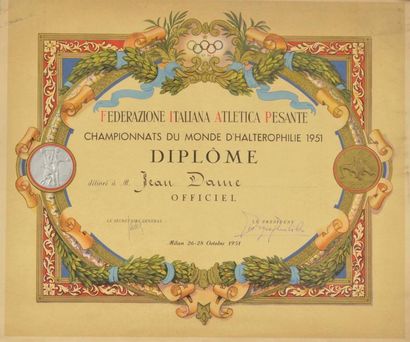 null Diplôme officiel des Championnats du Monde 1951 attribué à Jean Dame (officiel)....