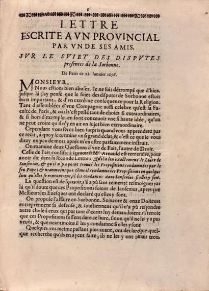 [PASCAL Blaise] Les Provinciales ou les Lettres escrites par Louis de Montalte, à...
