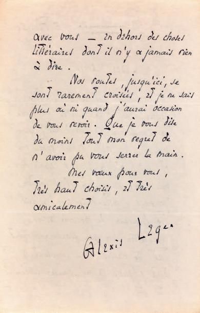 Saint-John Perse Alexis Saint-Leger Leger dit Lettre autographe signée [à André Malraux]....