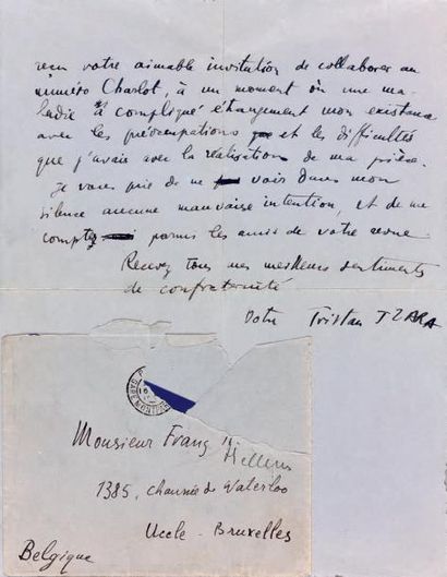 TZARA Tristan LAS au poète Frans Hellens. Paris, 16 juin 1924; 1 p. grand in-4 sur...