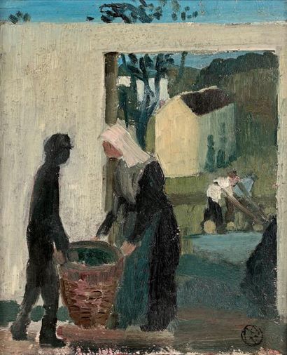 Maurice DENIS (1870-1943) Femme au panier
Huile sur carton, monogramme en bas à droite.
29...