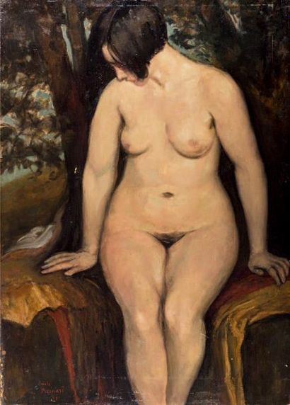 Emile BERNARD (1868-1941) Femme nue dans un paysage
Huile sur carton contrecollé...