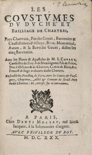 [CHARTRAIN]. Les Coustumes du duché et bailliage...