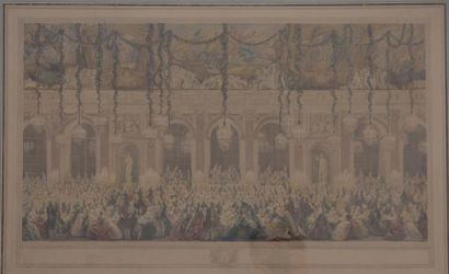 Grande gravure en couleurs, XVIIIe siècle Représentant une fête royale 48,5 x 77,5...