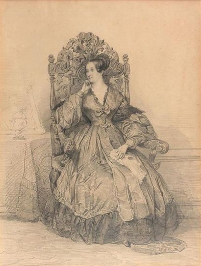null Achille DEVERIA (Paris 1800-1859)
Portrait de femme assise
Crayon noir.
Signé...