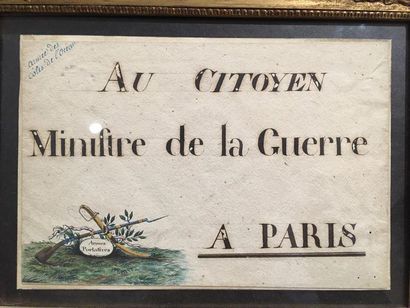 null Enveloppe libellée Au citoyen ministre de la guerre à Paris, ornée d'une aquarelle...