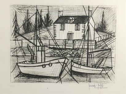  Bernard BUFFET (1928-1999) Deux bateaux devant une maison Signée et numérotée 107/120....