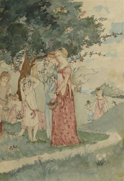  Élisabeth SONREL (1874-1953) La cueillette des cerises Encre, plume et aquarelle....