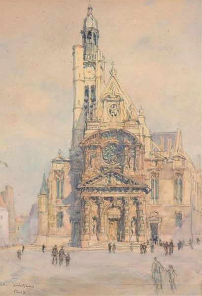  Fernand Fortuné TRUFFAUT (1866-1955) L'église Saint-Etienne du Mont Fusain et aquarelle....