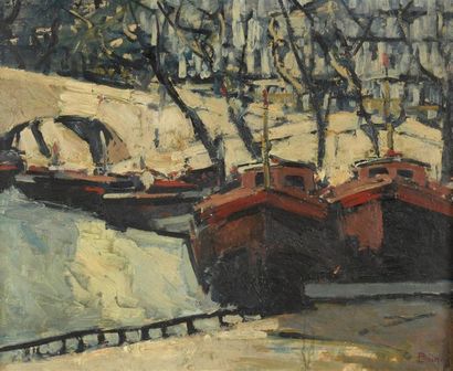  Robert BOINAY (1918-1987) Péniches en bord de quai Huile sur isorel. Signée en bas...