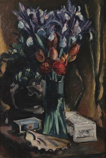  Achille Emile Othon FRIESZ (1879-1949) Bouquet de fleurs aux iris Huile sur panneau...