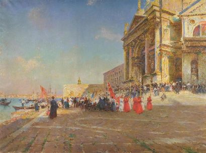  Julien Gustave GAGLIARDINI (1846-1927) Procession devant la Salute à Venise. Huile...