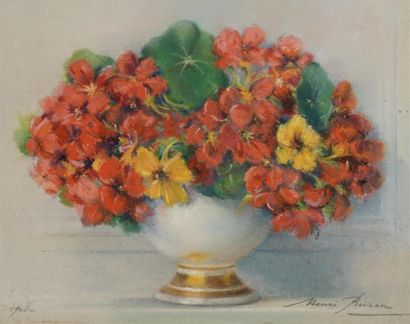  Henri BURON (1880-1969) Bouquet de fleurs rouge Pastel. Signé en bas à droite. 27...