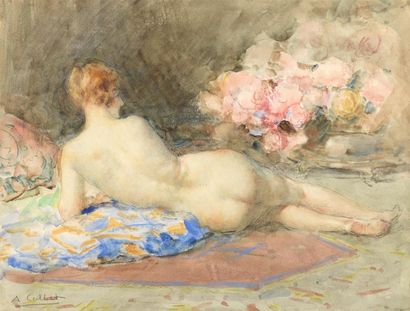null Antoine CALBET (1860-1944)
Femme nue allongée
Aquarelle.
Signée en bas à gauche.
24...