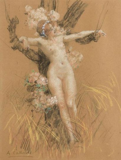 Antoine CALBET (1860-1944) Femme nue contre un arbre Aquarelle. Signée en bas à...