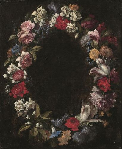 null École italienne du XVII e siècle, entourage de Mario NUZZI
Guirlandes de fleurs
Paire...
