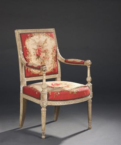 null Louis XVI
period armchair with flat back. Moulded, carved and lacquered wood,...