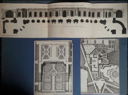 null Versailles, set of plans, elevations, numerous views and gardens, Trianon, Menagerie...
