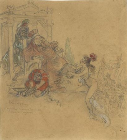 null Louis MORIN (1855-1938) 
Bachic scene
Pencil.
Signed to the left and dedicated.
17.5...