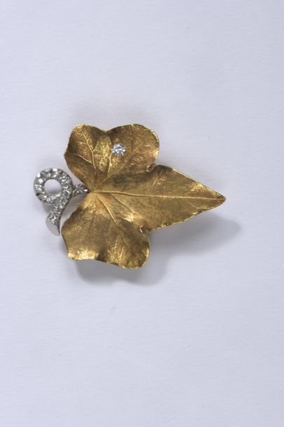 null CARTIER. Pendant brooch with ivy leaf motif in deep drawn 750°/00 yellow gold...