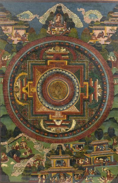  Thangka représentant un mandala à l'encre et couleur sur toile Tibet, XXe siècle...