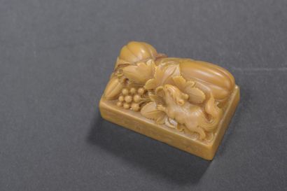 null Cachet en stéatite jaune
Chine
Le dessus à décor sculpté d'écureuil et fruits,...