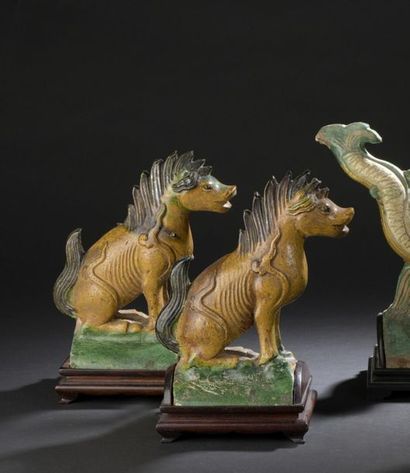 Pair of yellow, green and brown glazed terracotta...