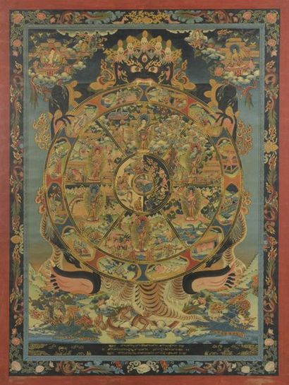  Thangka de la roue de la vie à l'encre et couleur sur toile Tibet, XXe siècle La...