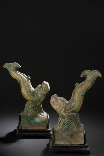 Pair of yellow and green glazed terracotta...