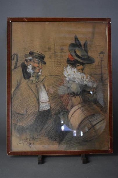 null French school of the beginning of the 20th century
Satirical pastel
Signed 'Guire'
68...