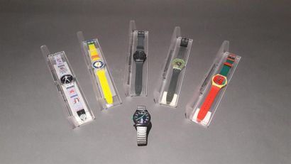 null Lot de six montres Swatch à quartz, en plastique, principalement état neuf (dont...