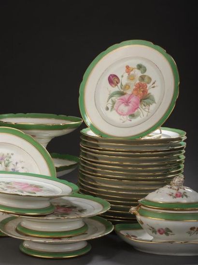 null Paris , circa 1850 Porcelain service
part with floral decoration and green rim....