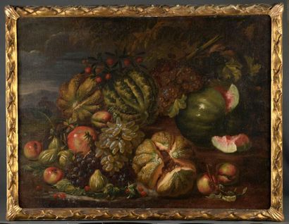  Attribué à Giovanni Battista RUOPPOLO (1629-1693) Nature morte au melon, raisins...