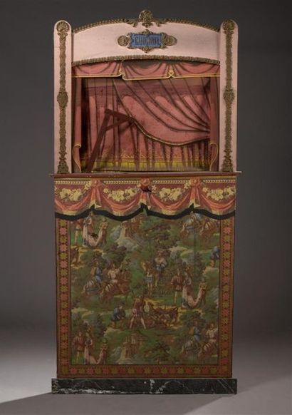 null Guignol theatre in wood and papier-mâché, circa 1850
H. 181 P. 91 cmWith
 puppets...