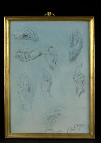  A. CHRISTIAN (né en 1940) Étude de mains Crayon sur papier bleu. Monogrammé, daté...