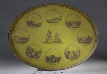 null Oval tray in sheet metal with olive background from the Empire 
period. Decorated...