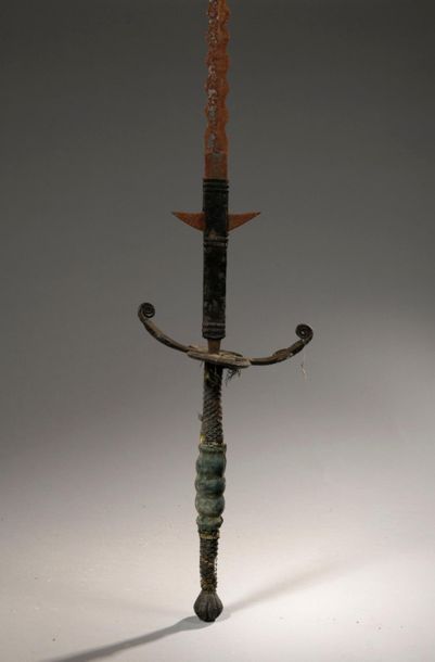 null Two-handed sword. Wooden fuse, covered with velvet. Iron frame, forged. Truncated...
